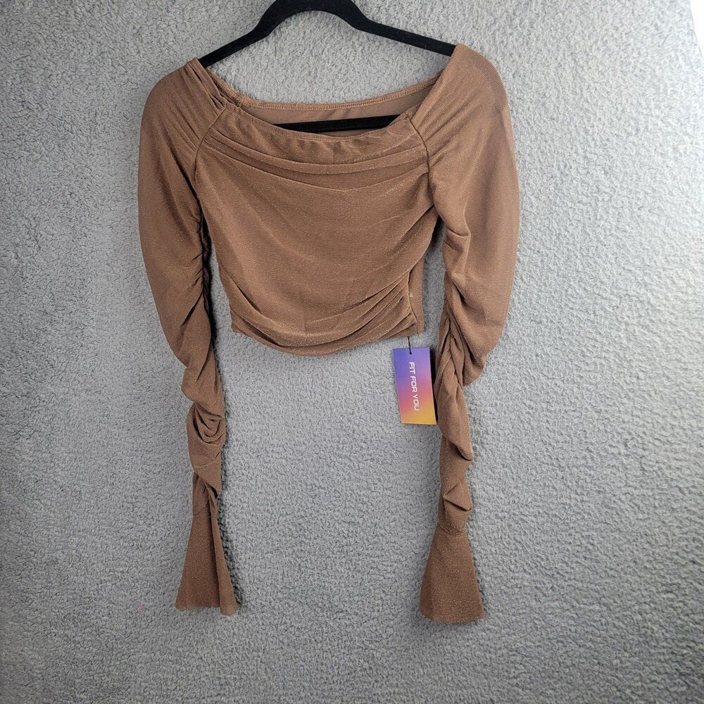 Cropped Mesh Top Long Ruched Bell Sleeves Brown Metallic Shimmer Korean Small - Picture 2 of 12